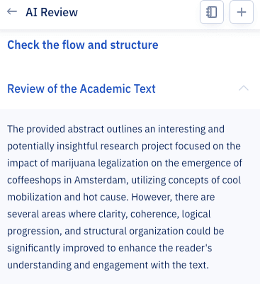 Paperpal AI Review panel titled Check the flow and structure, summarizing strengths and issues in the abstract’s clarity, logical progression, and structural organization.