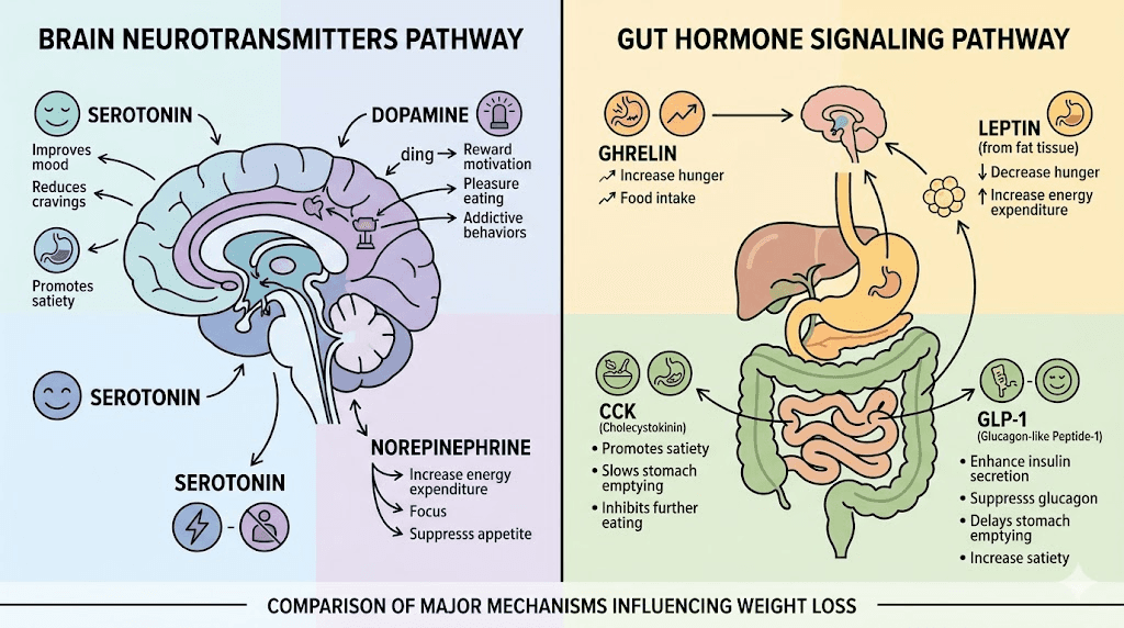 Tesofensine brain mechanism vs semaglutide gut hormone pathway comparison