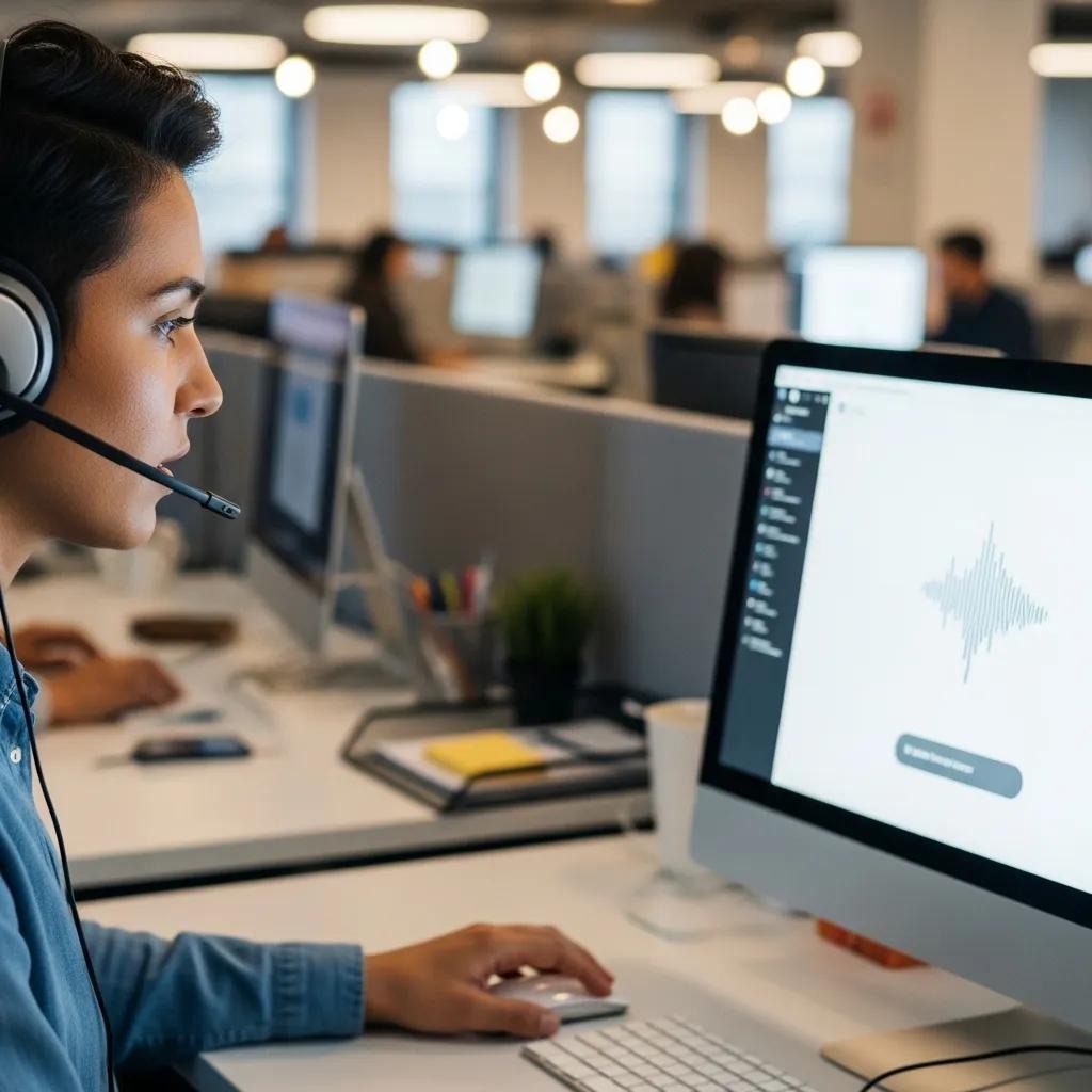 Person using a headset interacting with a virtual assistant in a busy office