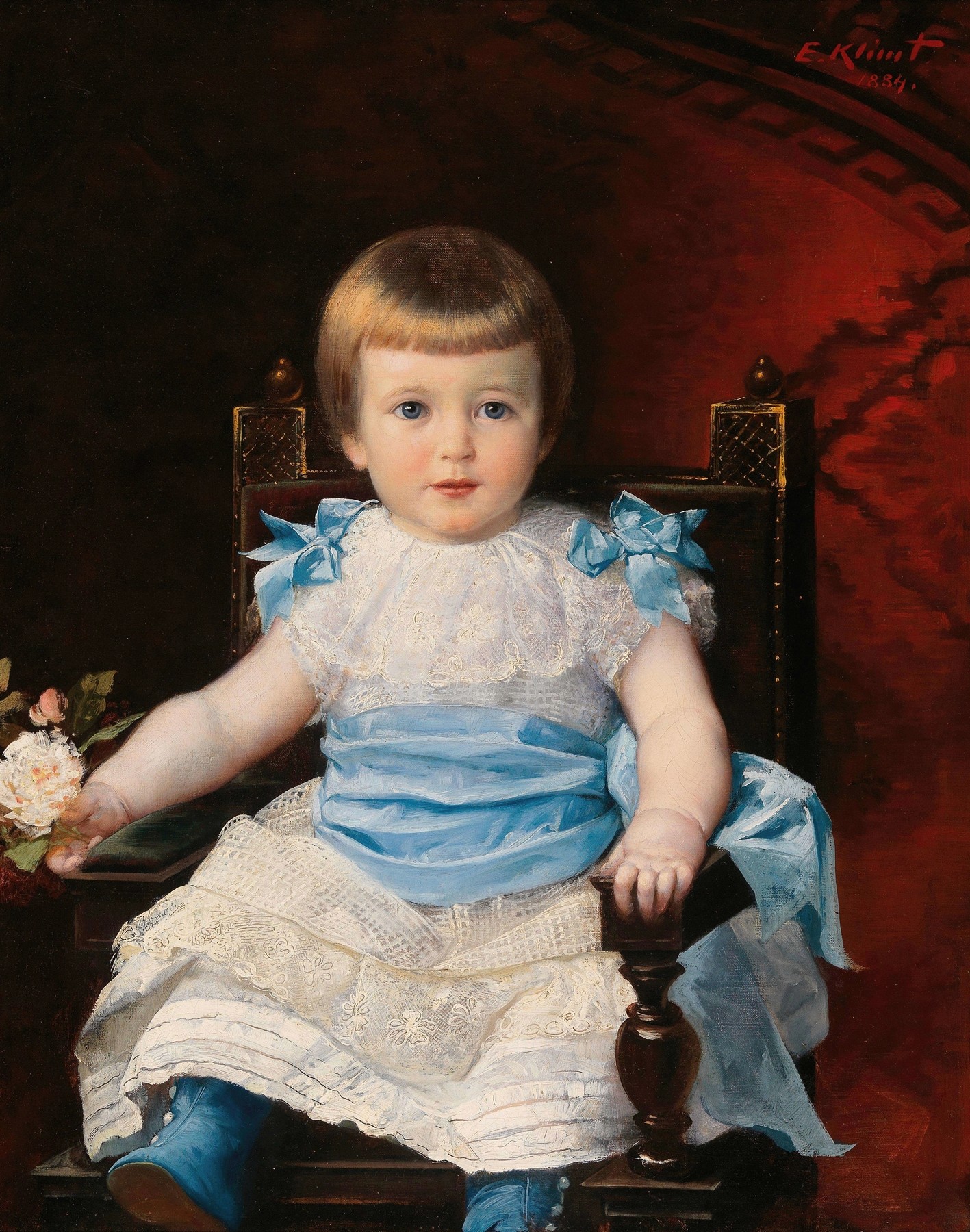 A painting of a little girl sitting in a chair