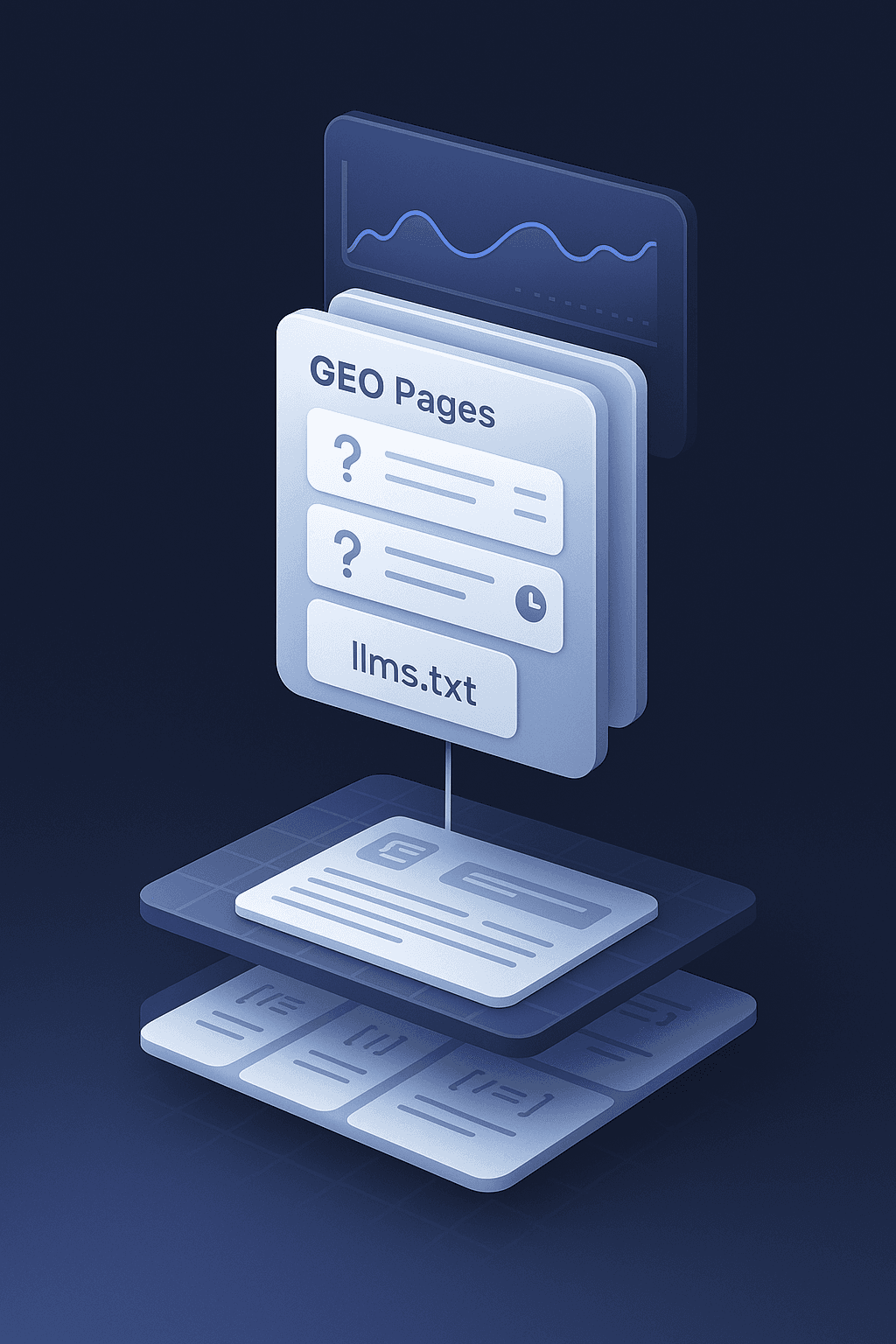 Layered vector illustration showing CMS stack with atomic pages, llms.txt, GEO pages, and analytics layers.