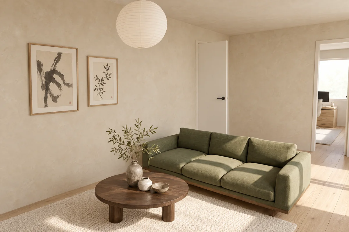 Living room rendered in a warm minimal style with the same custom sofa