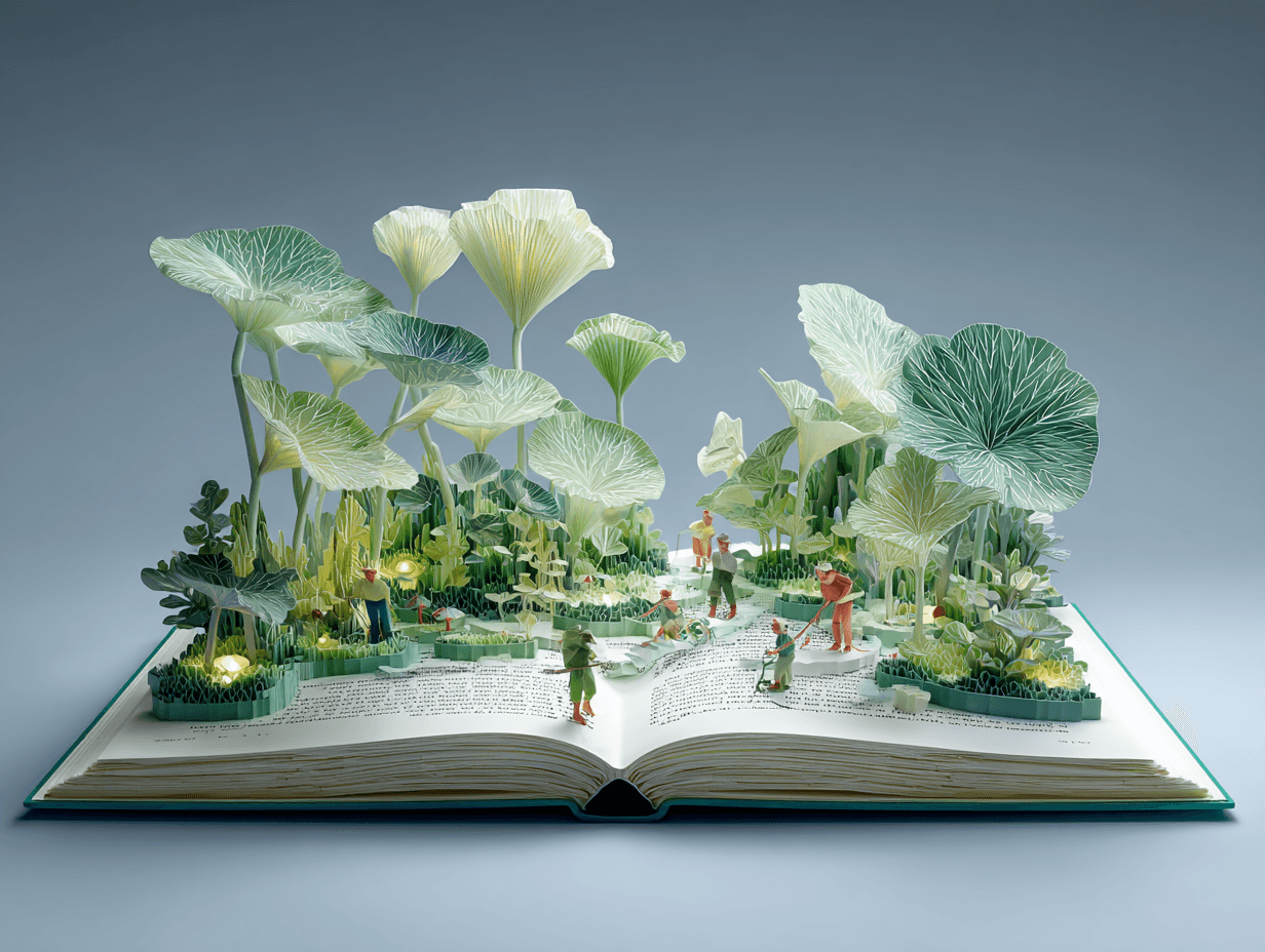 Libro aperto da cui cresce un giardino di carta con foglie giganti e persone che coltivano, giocano e collaborano, metafora della cultura viva dell’innovazione.