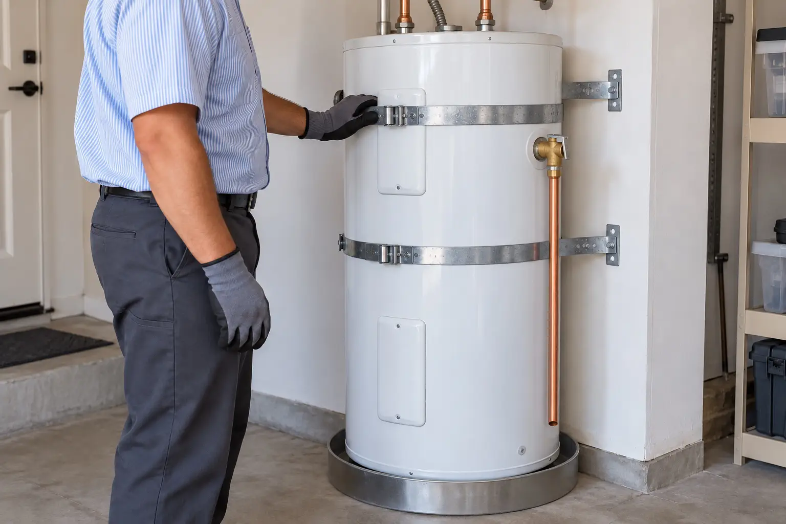 Technician inspects a residential tank water heater.