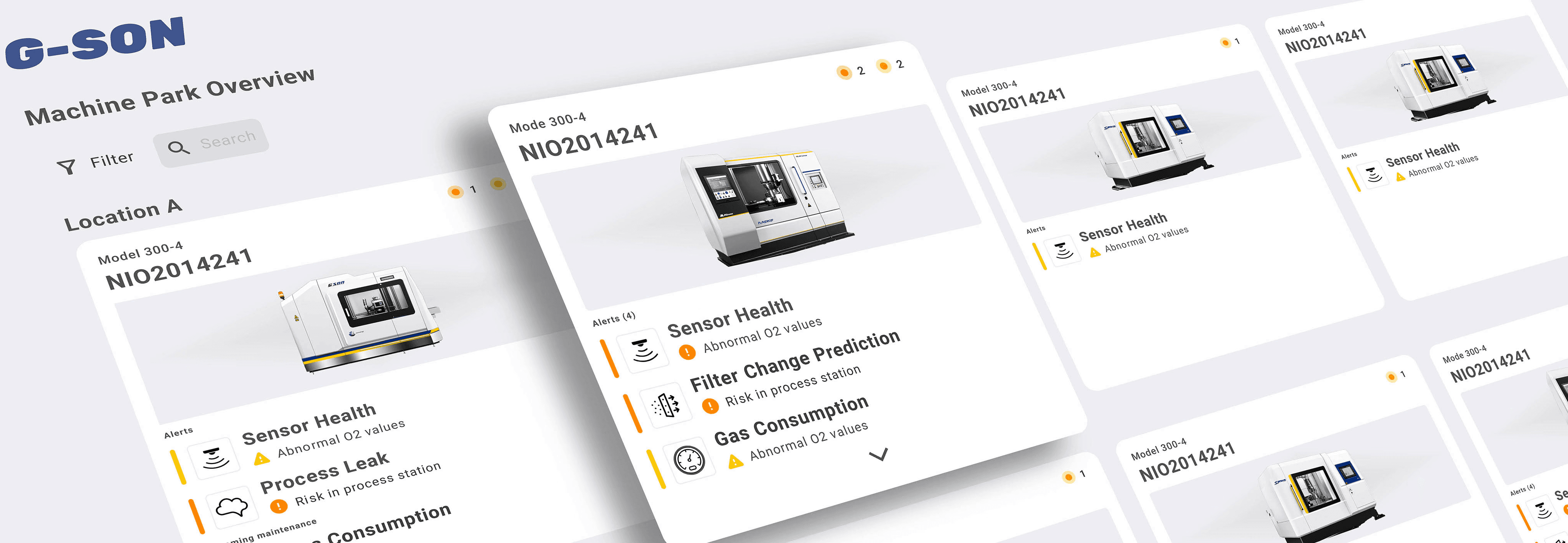 Graphic with floating interface elements displaying the machine’s status and condition.