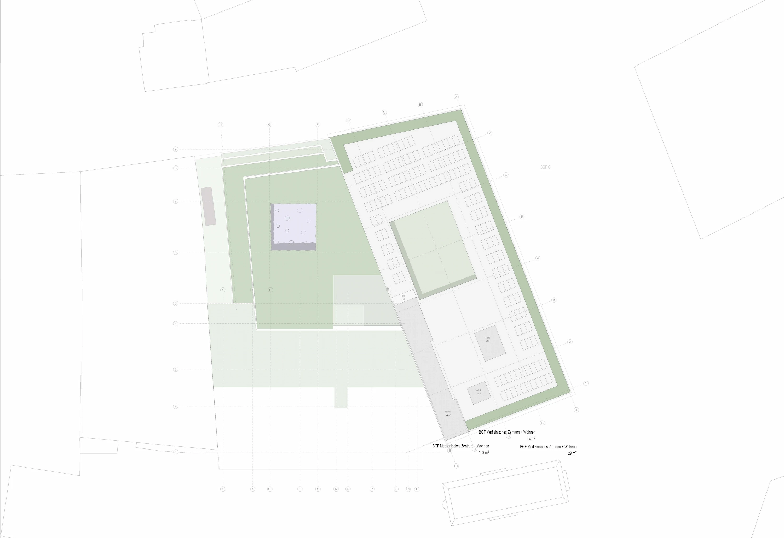 Isometrische Zeichnung eines Bauprojekts mit mehreren Gebäuden und markierten Strukturen in Rot
