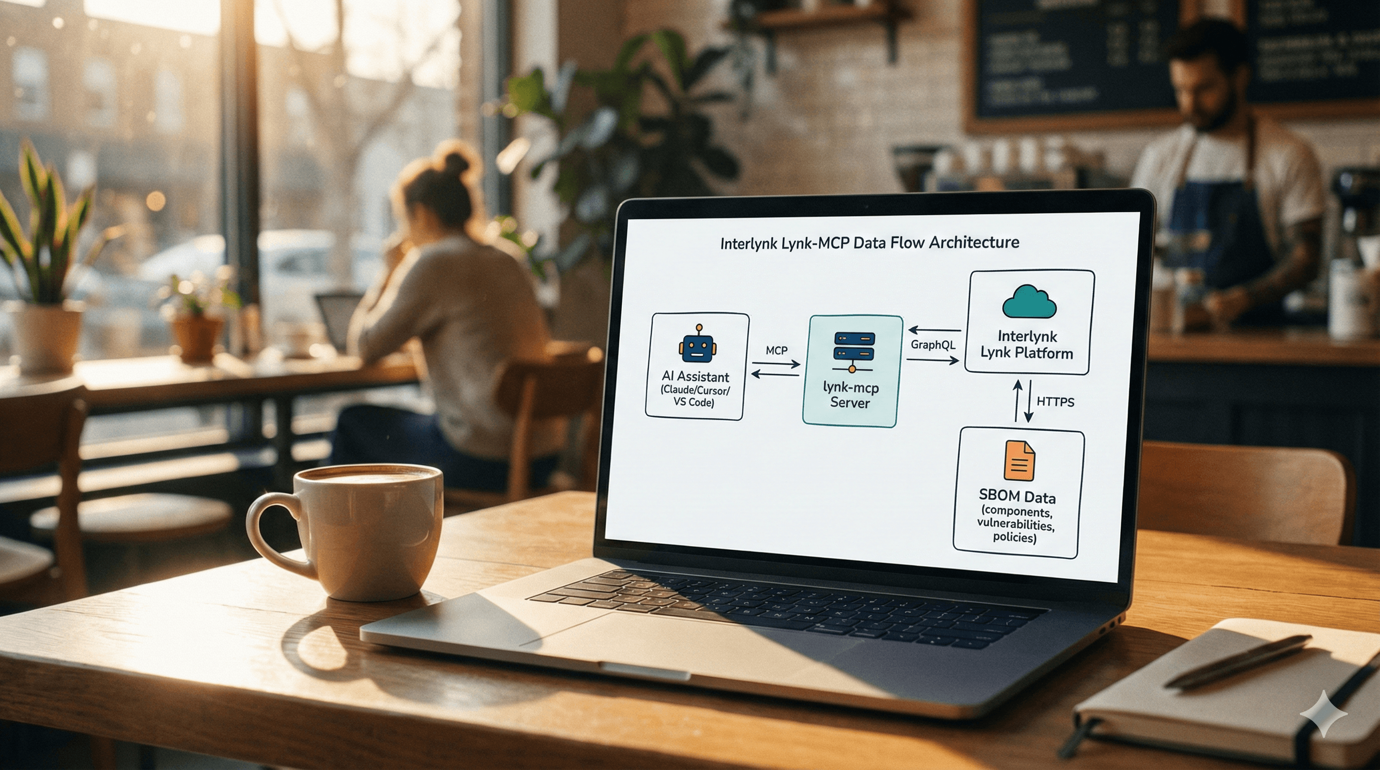 An architecture diagram showing the data flow: AI Assistant (Claude/Cursor/VS Code) ↔ lynk-mcp Server ↔ Interlynk Lynk Platform ↔ SBOM Data (components, vulnerabilities, policies). 