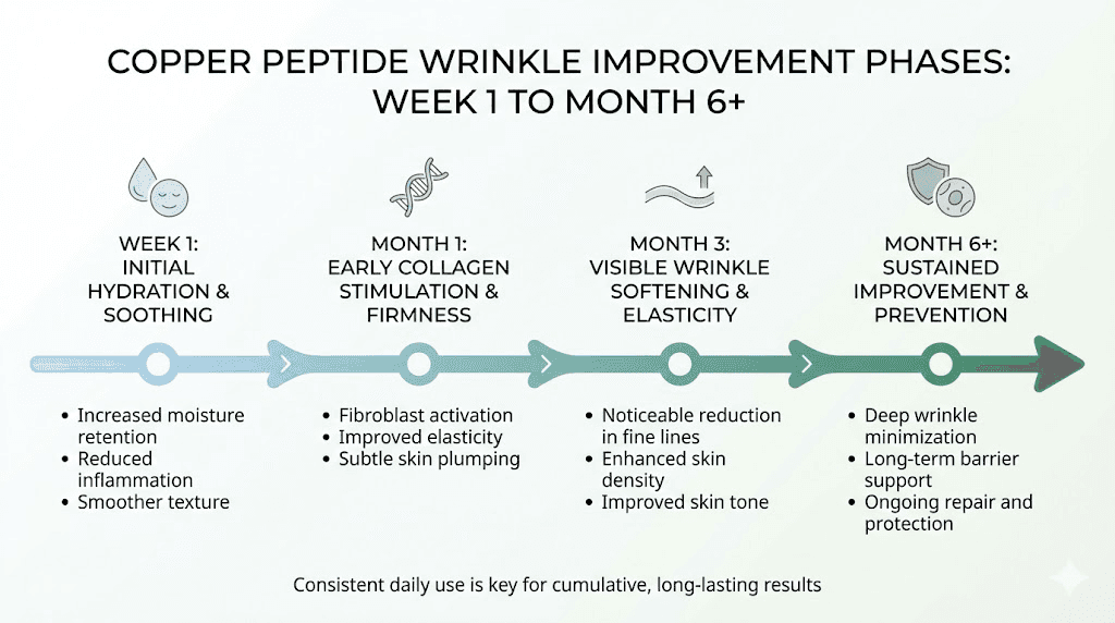 Copper peptide wrinkle treatment timeline showing expected results from weeks 1-4 through 6 months
