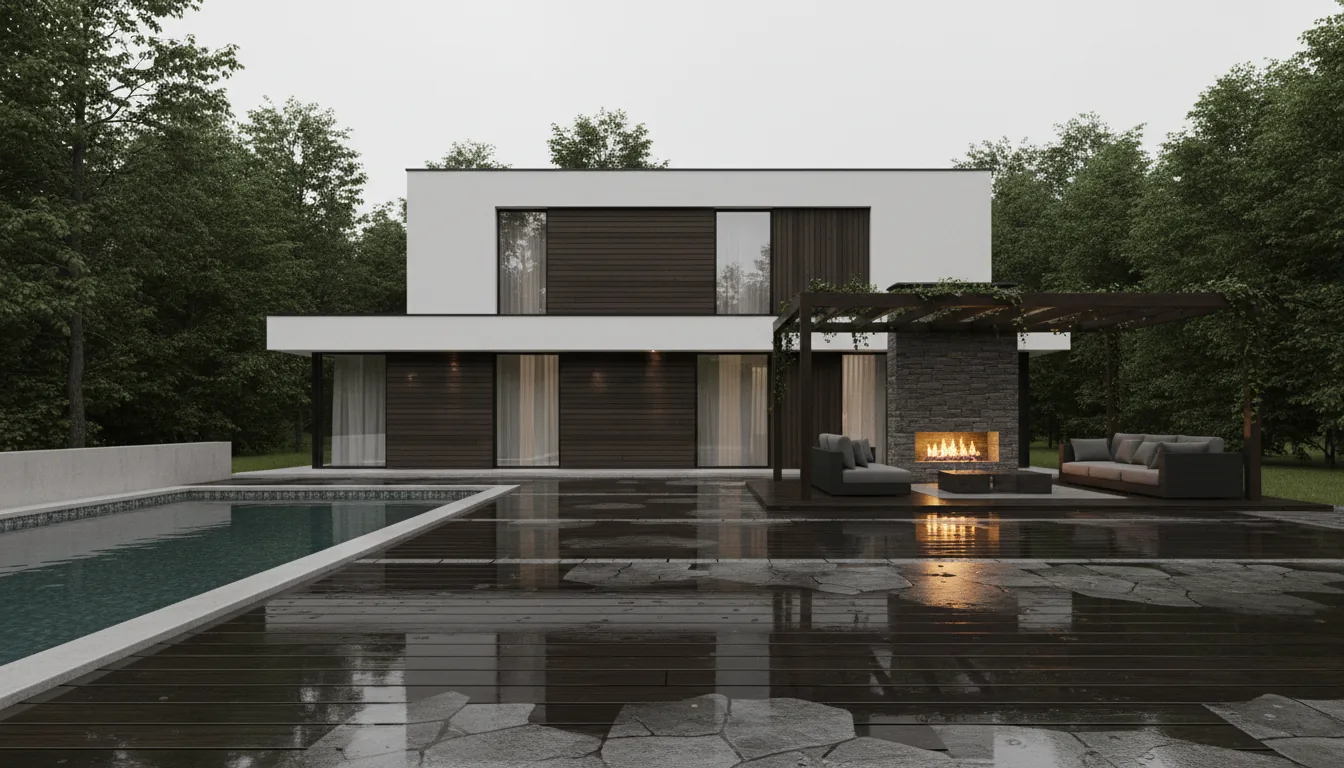 High-end architectural visualization render in the style of Lumion or Twinmotion, showcasing a modern two-story house with a minimalist design of white stucco and dark wood. Low-angle shot from across a wet patio, emphasizing the glossy reflections on the dark wood deck and stone pavers. The house features a large pergola over a seating area with a lit stone fireplace. A swimming pool is on the left, and lush green trees are in the background under an overcast sky. The lighting is soft global illumination, contrasted by the warm, glowing firelight reflecting on the wet surfaces.