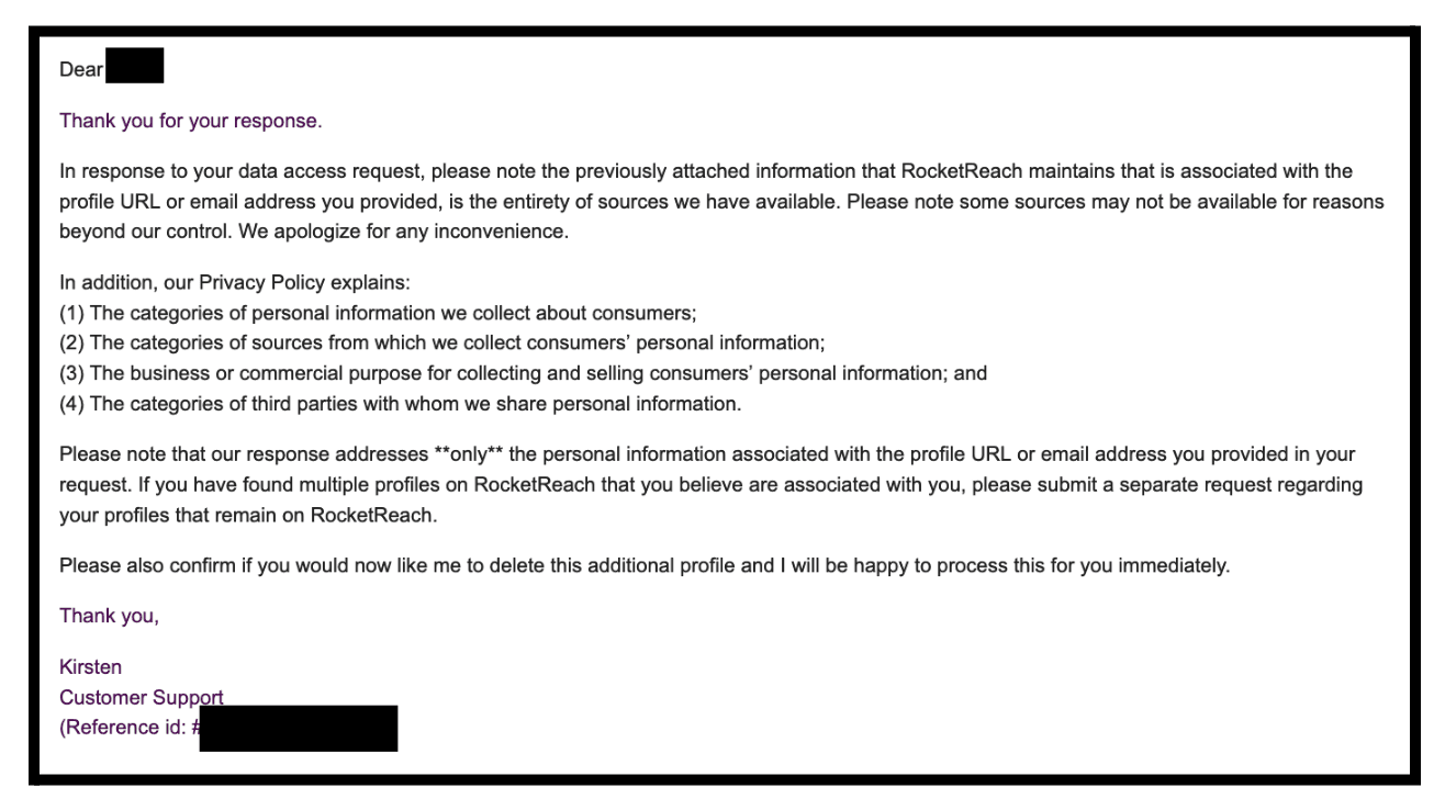 Excerpt from exchange with rocketreach.com privacy team, July 2023