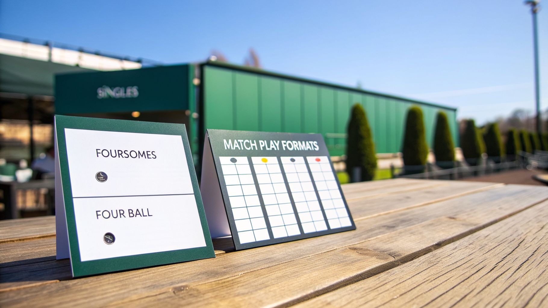 Two display cards on a wooden table showing golf Match Play Formats, Foursomes, and Four Ball rules.