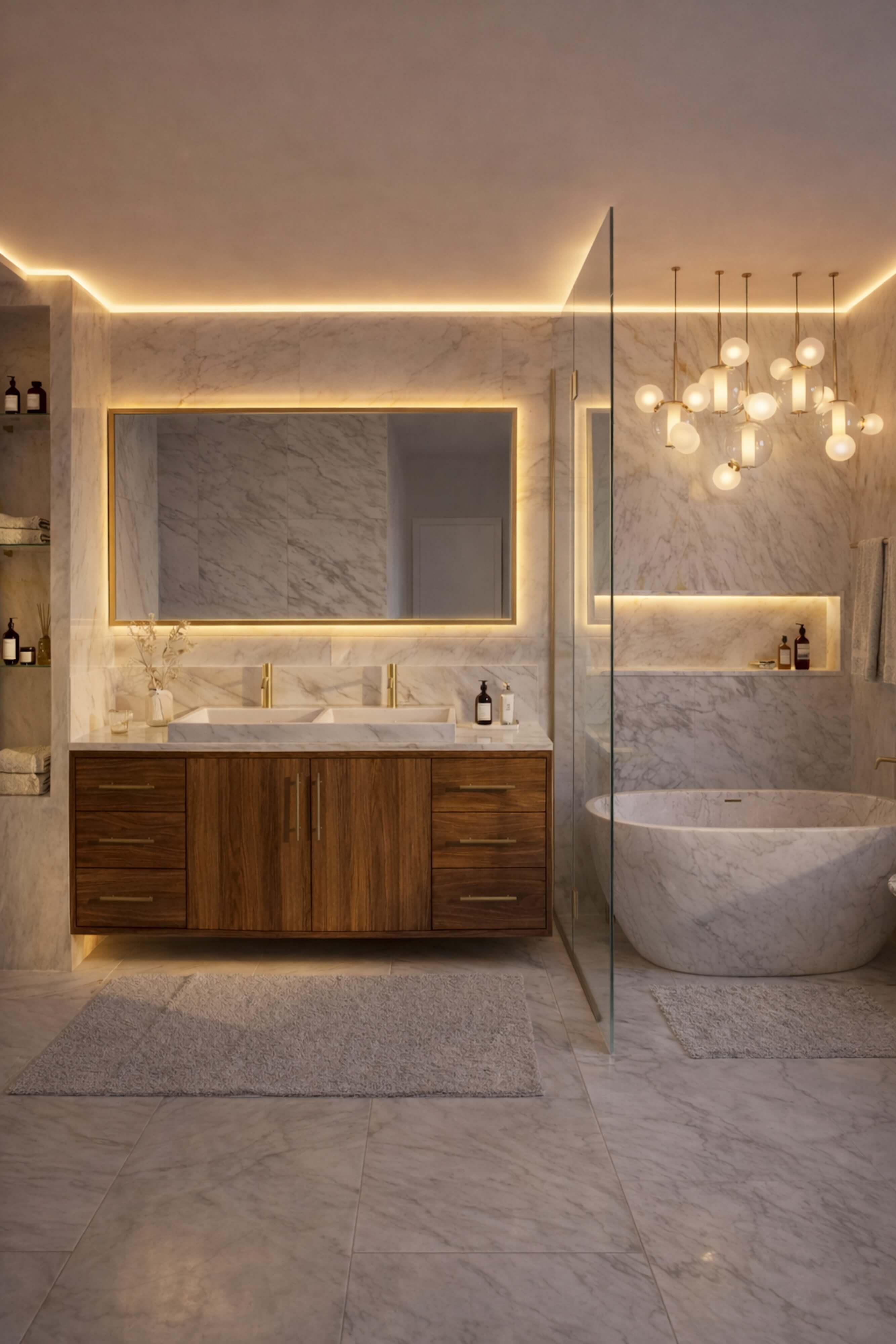 Luxury bathroom featuring a floating wood vanity, marble walls, freestanding soaking tub, and warm perimeter LED lighting creating a spa-like atmosphere.