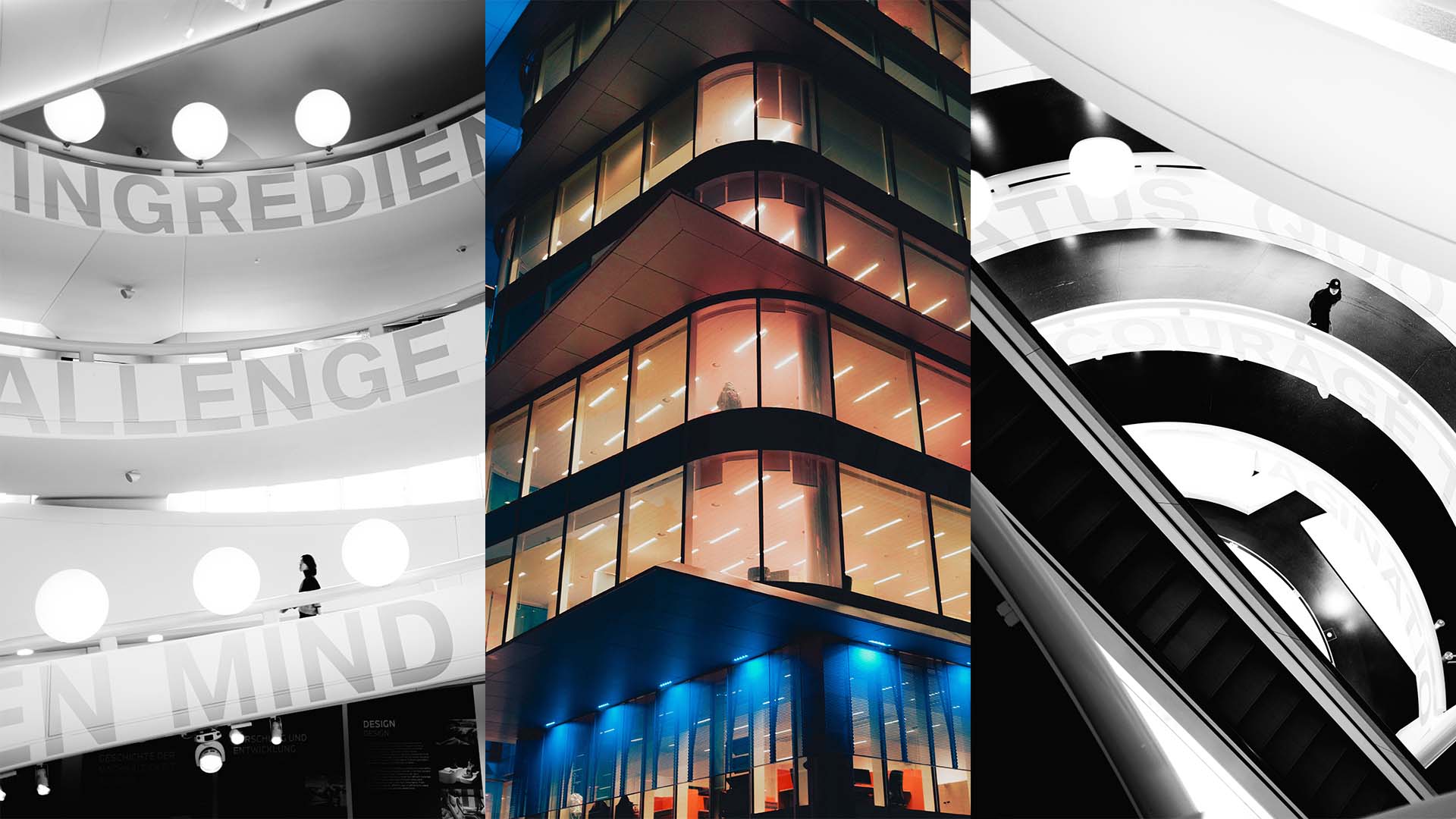 Three vertical images of interesting modern architecture, two black and white and the center one colorful