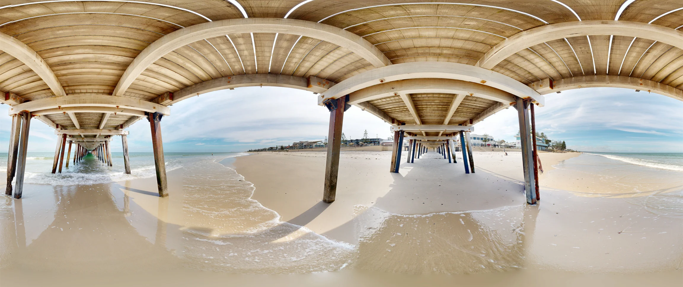 A full 360-degree equirectangular panorama captured beneath the Henley Beach Jetty, engineered by ABM visual to provide structural spatial data for local government and conservation sectors.