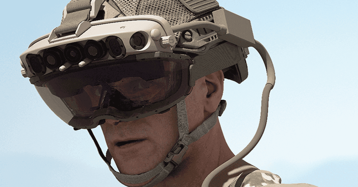 A soldier wearing an advanced AR headset integrated into a military helmet, showcasing augmented reality (AR) technology for situational awareness on the battlefield. The headset includes multiple sensors and cameras, designed to provide real-time data overlays, enhance decision-making, and support AR military applications. This image highlights the role of AR development in modern military strategies and equipment.