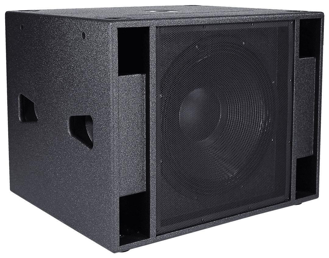 Black subwoofer with large mesh-covered speaker