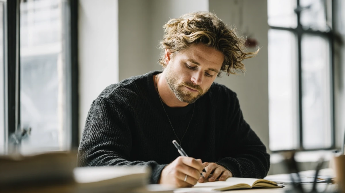 Man writing in a notebook at a simple desk.