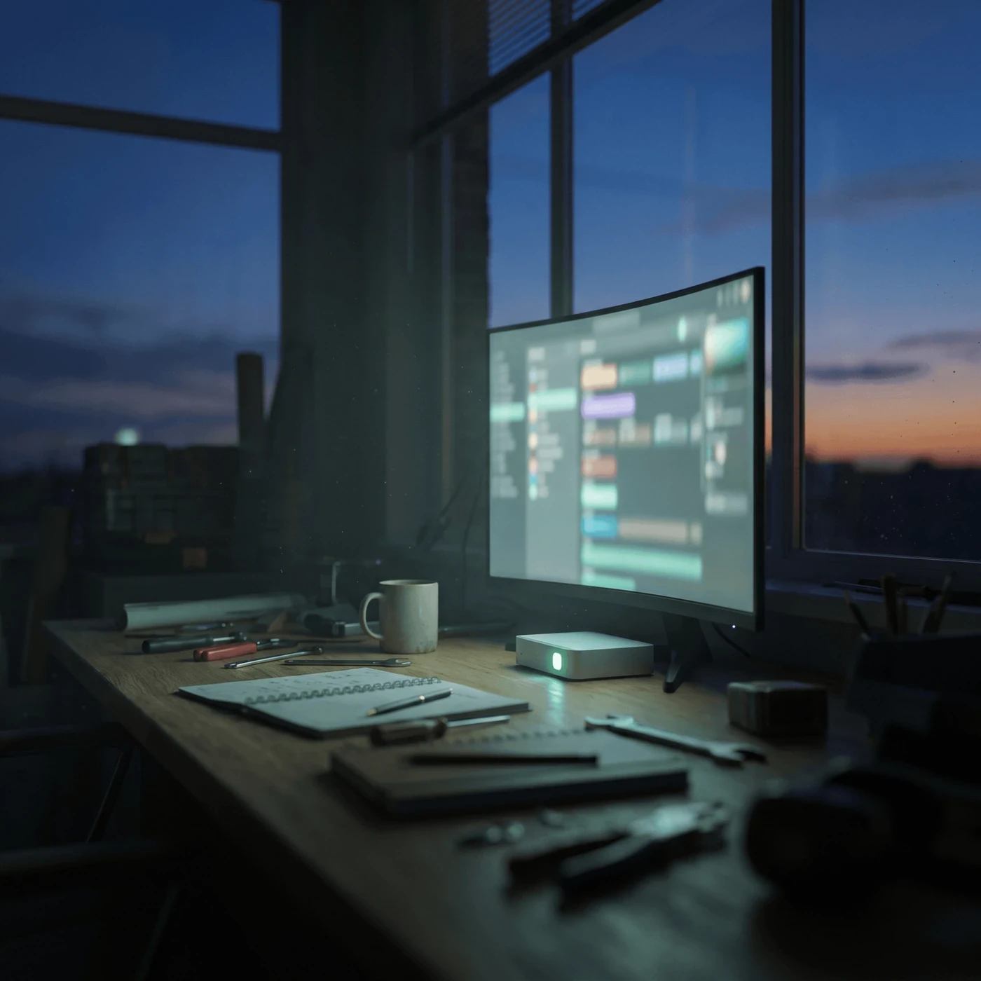 Werkstattbüro mit Monitor und mintfarbener Statusleuchte