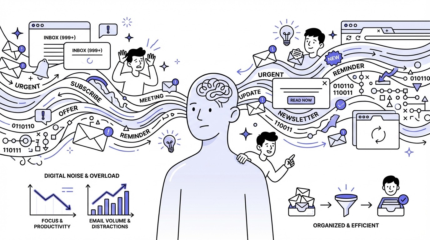 An infographic visually representing digital noise and email overload, depicting an abstract figure overwhelmed by a chaotic flow of email icons, notifications, and data streams in a modern tech style.