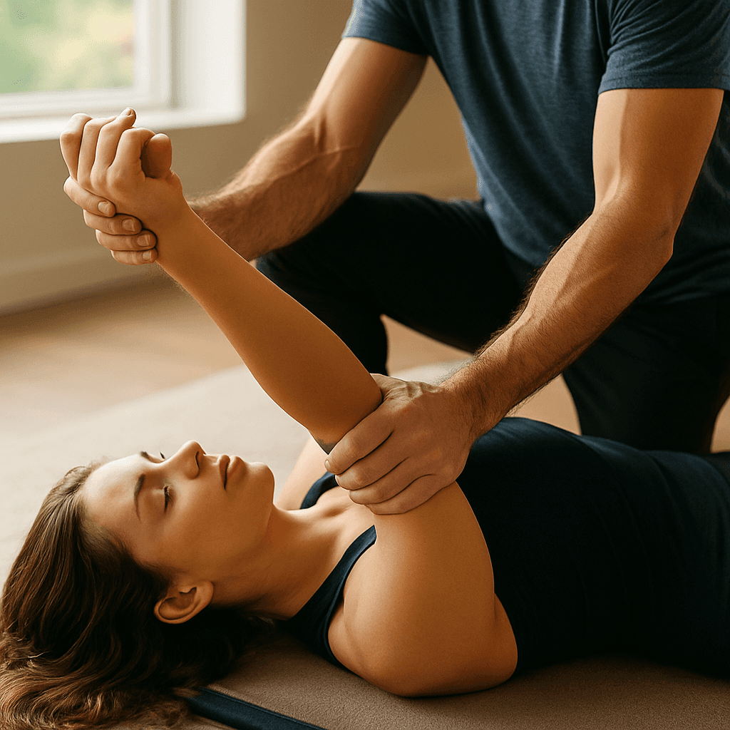 A circle of people sitting cross-legged, meditating with hands in a prayer position. Soft, warm lighting.