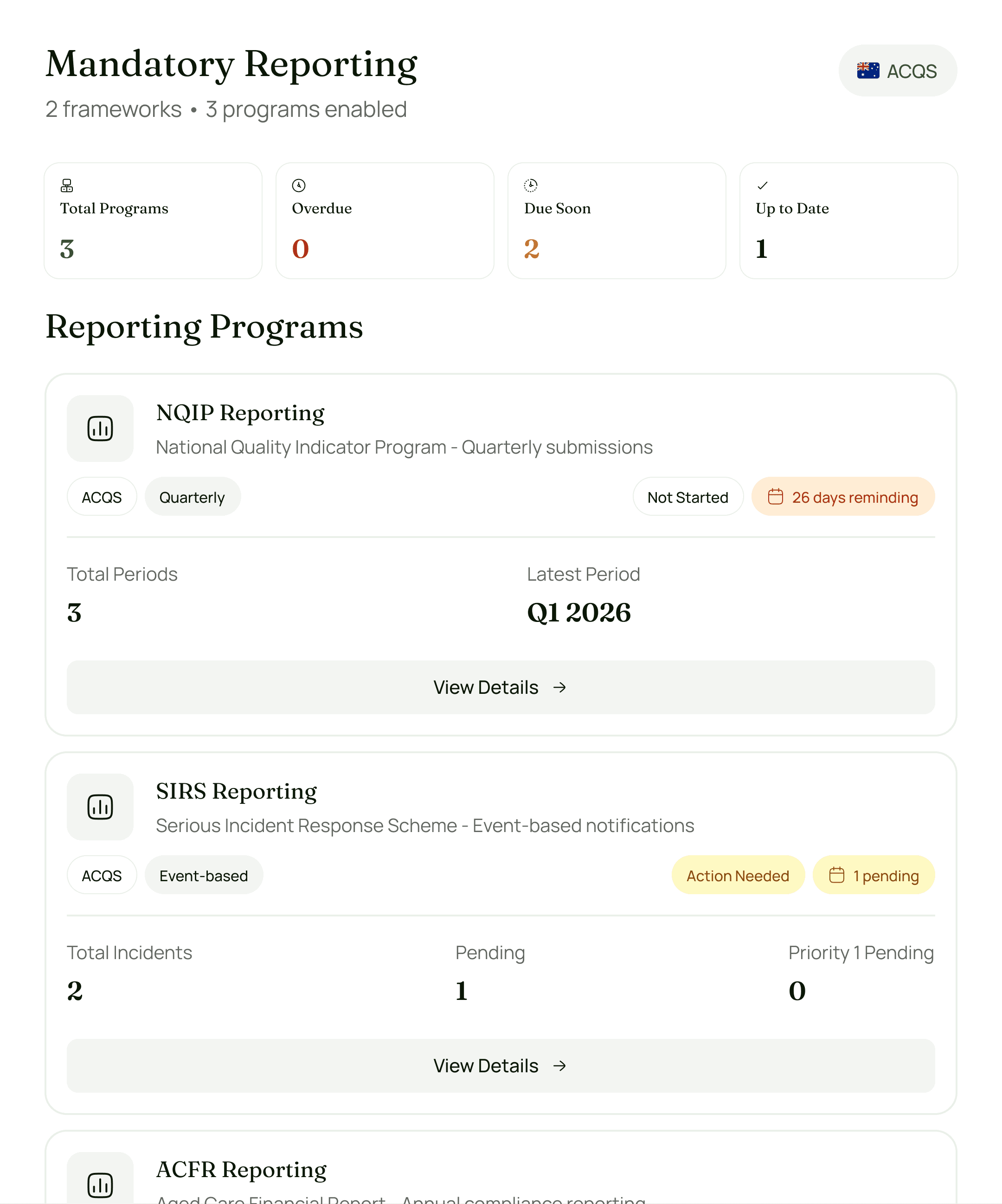 Mandatory reporting interface displaying progress, NQIP submissions, and compliance tracking for aged care operations