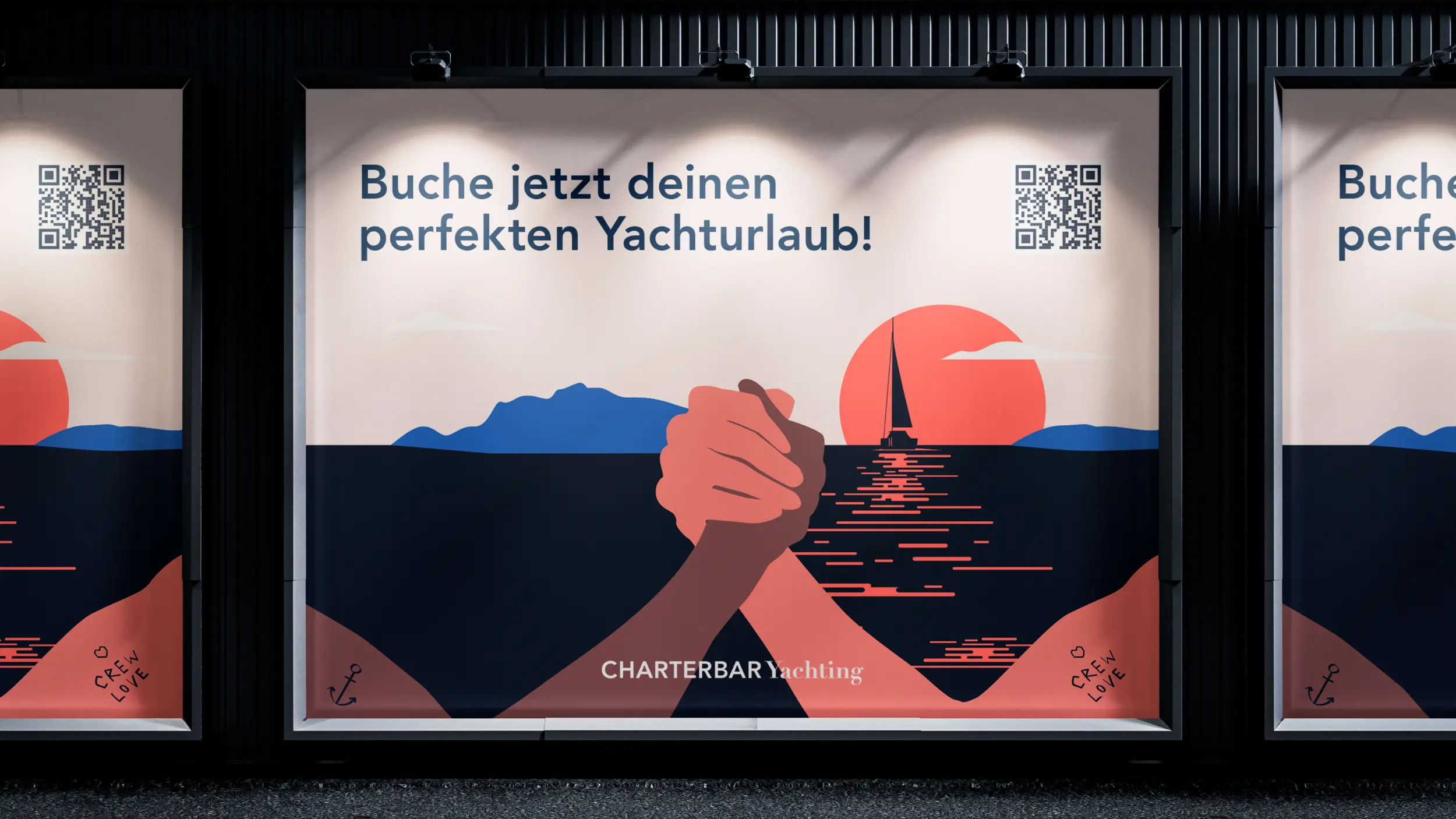 Großflächenplakat „Buche jetzt deinen perfekten Yachturlaub!“ mit Handschlag-Illustration, QR-Code und Marke CHARTERBAR Yachting.