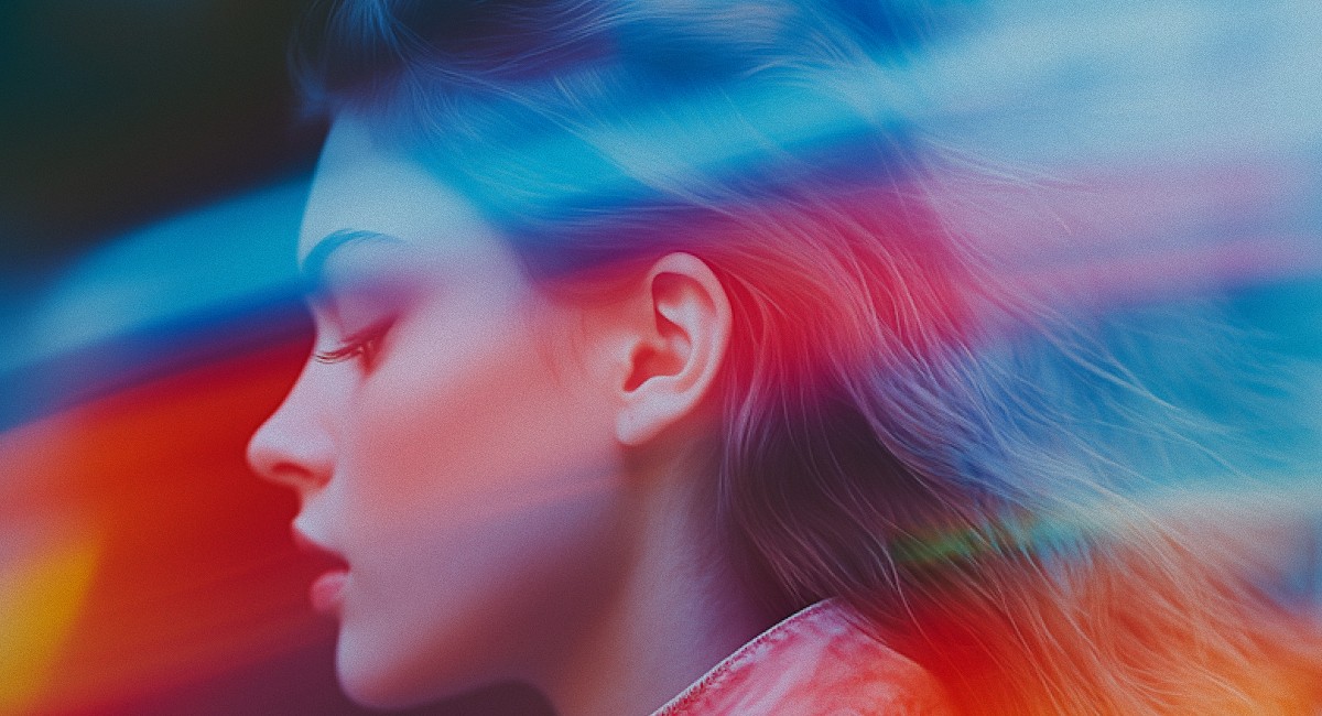 Dreamy portrait of a woman with colorful motion blur and vibrant neon light trails