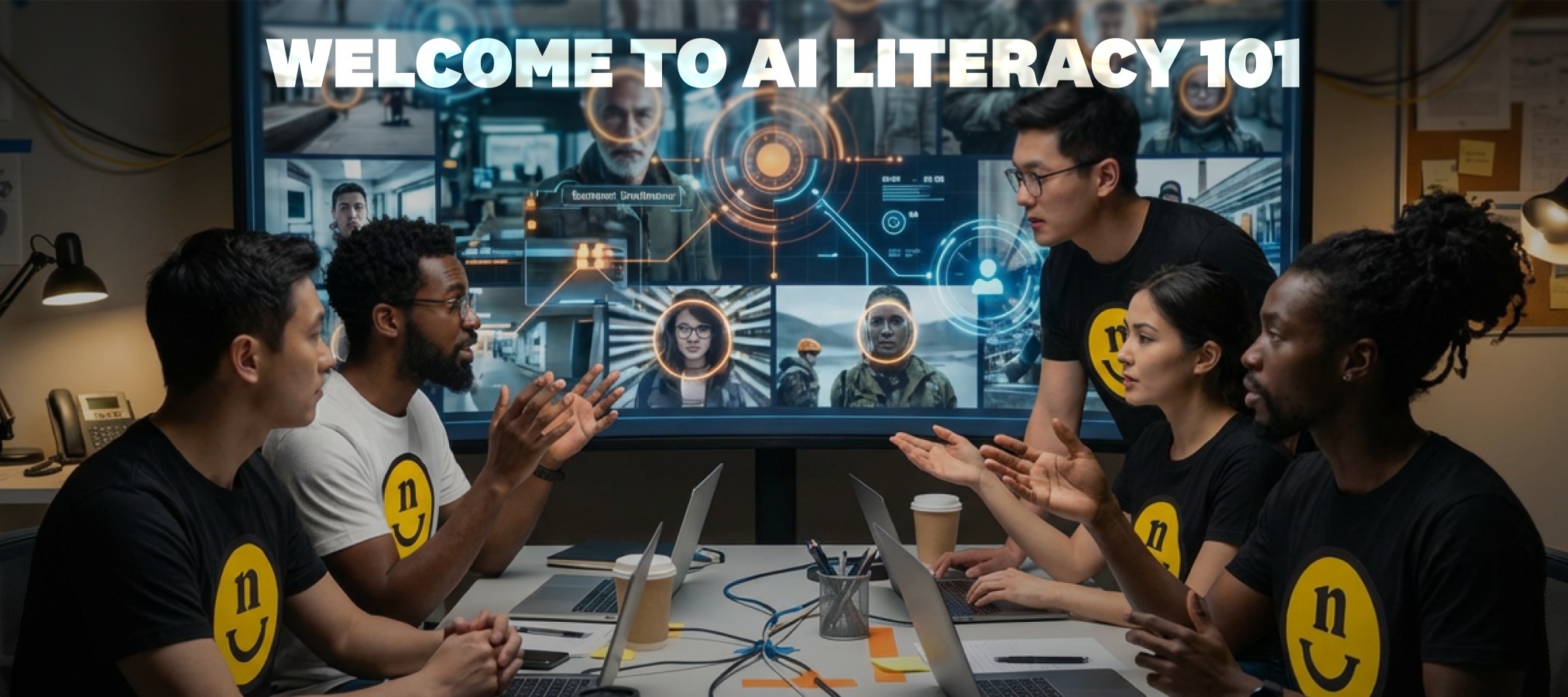Creative team in a meeting room discussing AI literacy, with a large screen showing facial recognition and digital interface graphics behind them