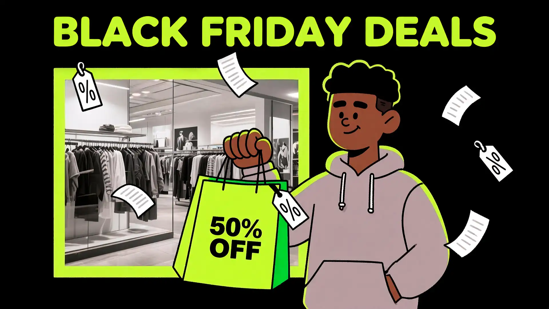 Stylized illustration of a person with a "Black Friday Deals" shopping bag, representing traditional holiday retail amidst TikTok's new strategy.