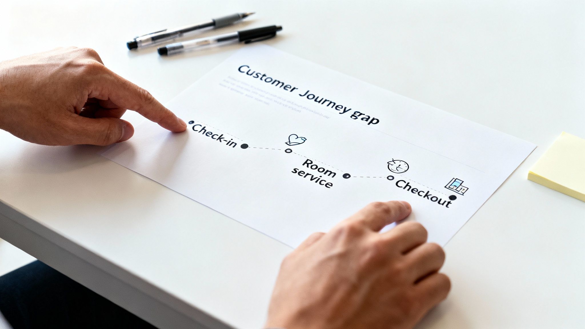 Hands pointing at a customer journey map showing check-in, room service, and checkout steps on a white table.