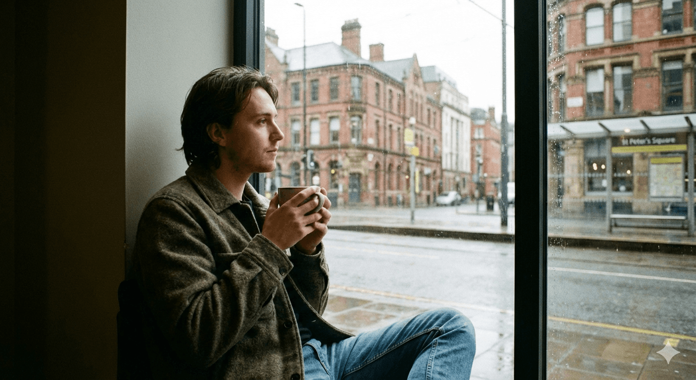Person sitting by a café window in Manchester, looking thoughtful, with a warm drink and a calm street scene outside.