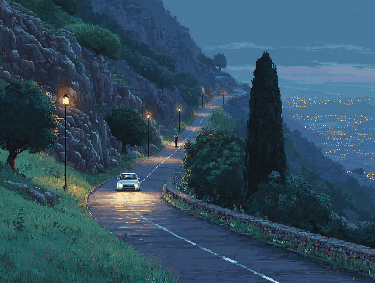 Pixel art of car driving narrow road at night.