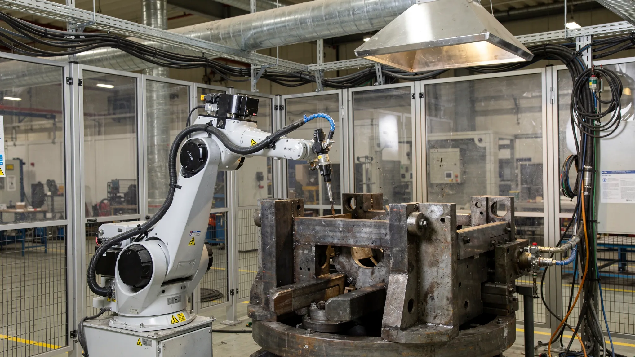 Ipari hegesztőrobot hegesztőpisztollyal egy védőkerítéssel ellátott hegesztőcellában, mellette pozicionáló és masszív befogókészülék, a háttérben füstelszívás és kábelrendezés.