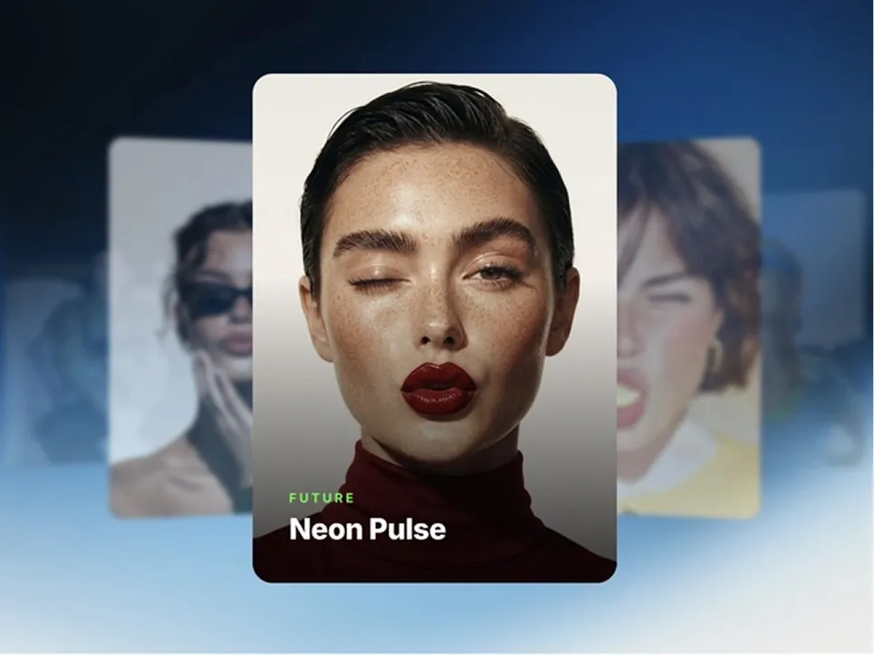Model winking, wearing bold red lipstick, titled "Future Neon Pulse."