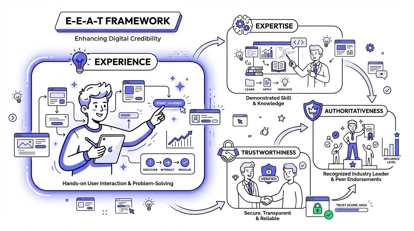 An infographic visually explaining the E-E-A-T framework, with a prominent and glowing 'Experience' section at its core, surrounded by 'Expertise', 'Authoritativeness', and 'Trustworthiness' components.