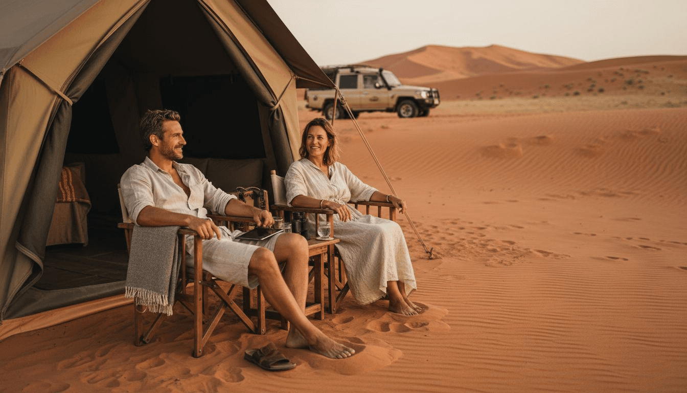 Des voyageurs profitent du calme, installés devant leur tente safari tout confort.