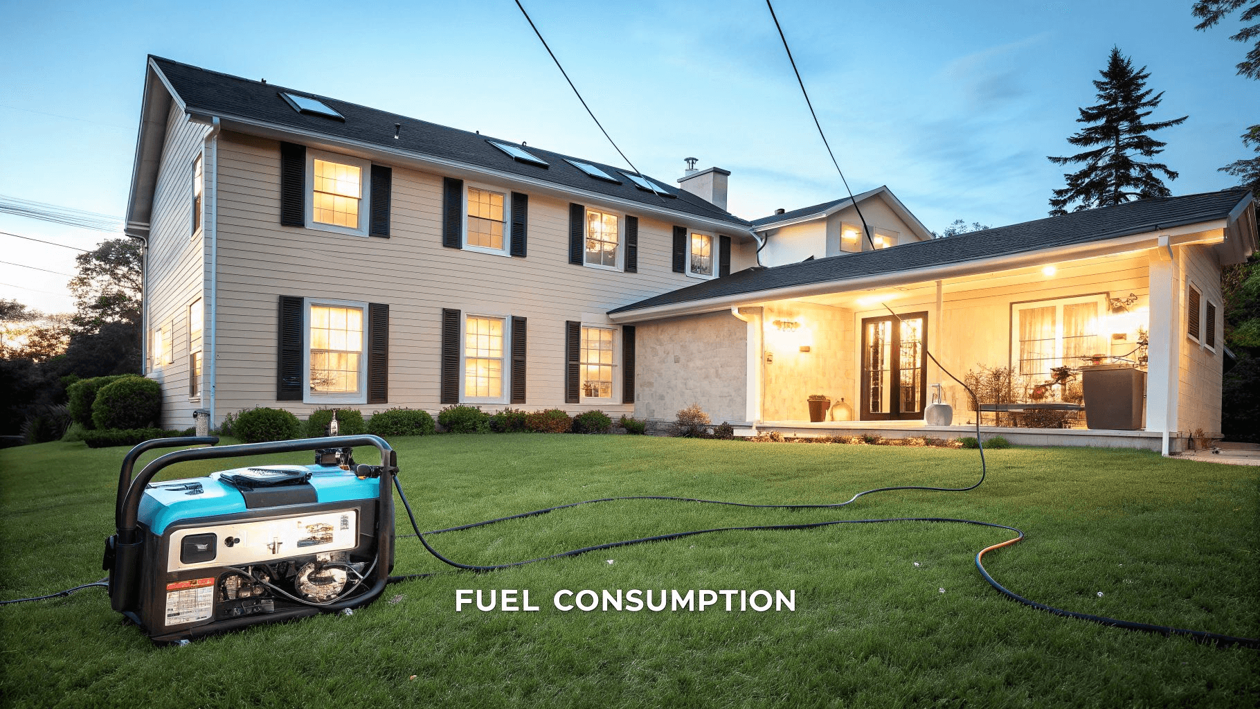 a home with a blue generator in the front yard and the text 'fuel consumption' shown in the grass