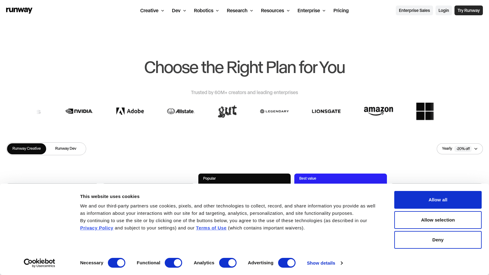 Runway pricing page featuring a plan selection header and logos of prominent partner companies.