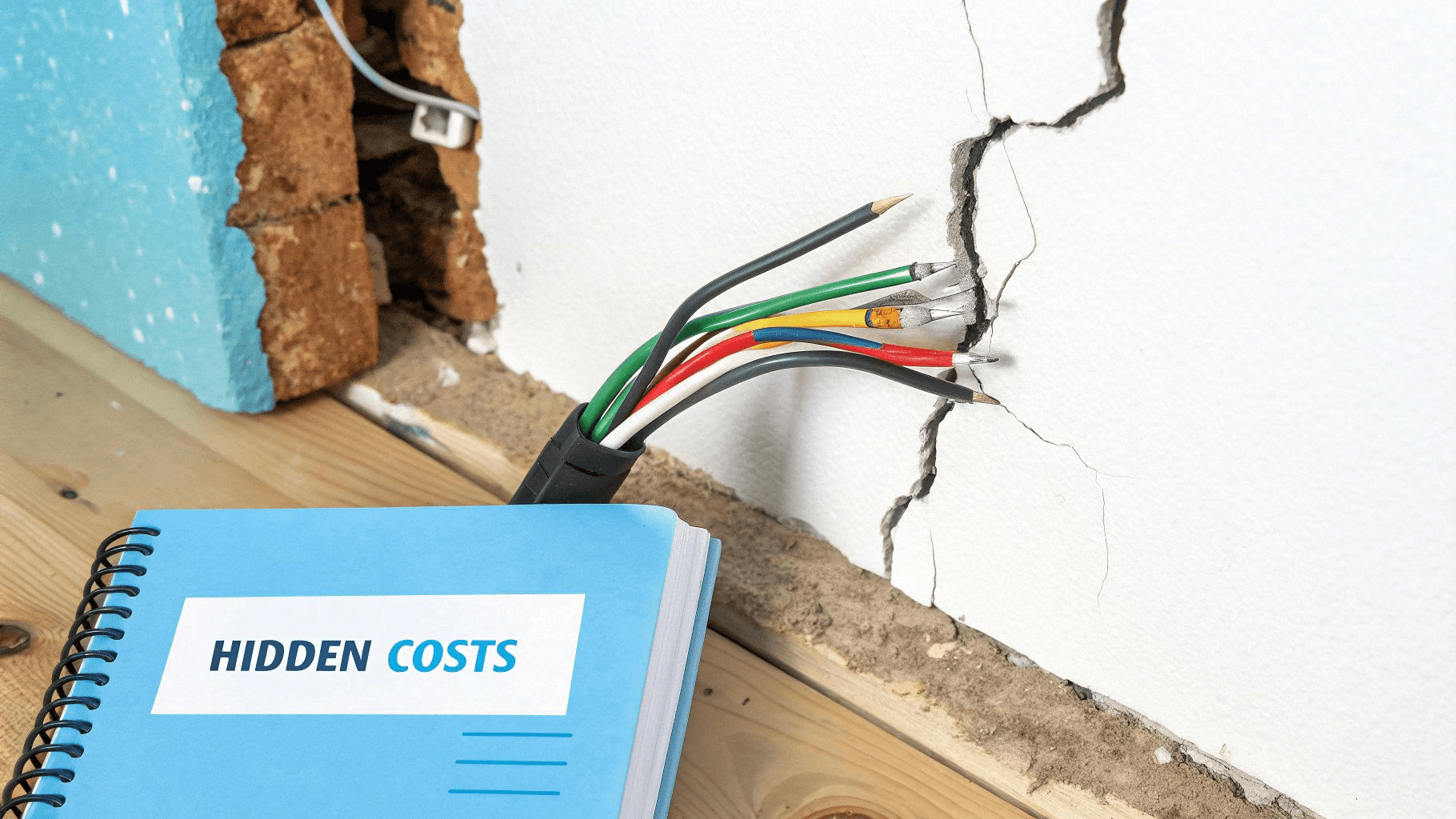 A notebook with wires coming out of it and the text 'hidden costs' on the cover