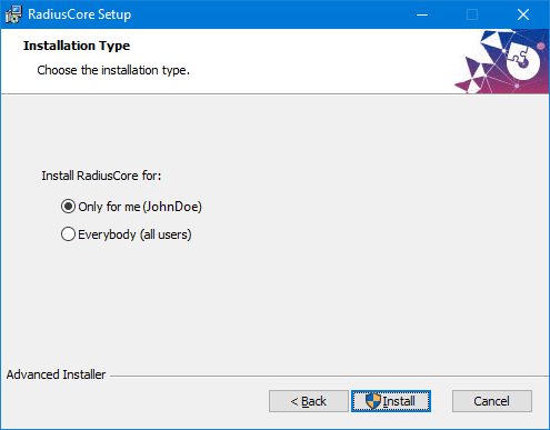 RadiusCore: Select installation type.