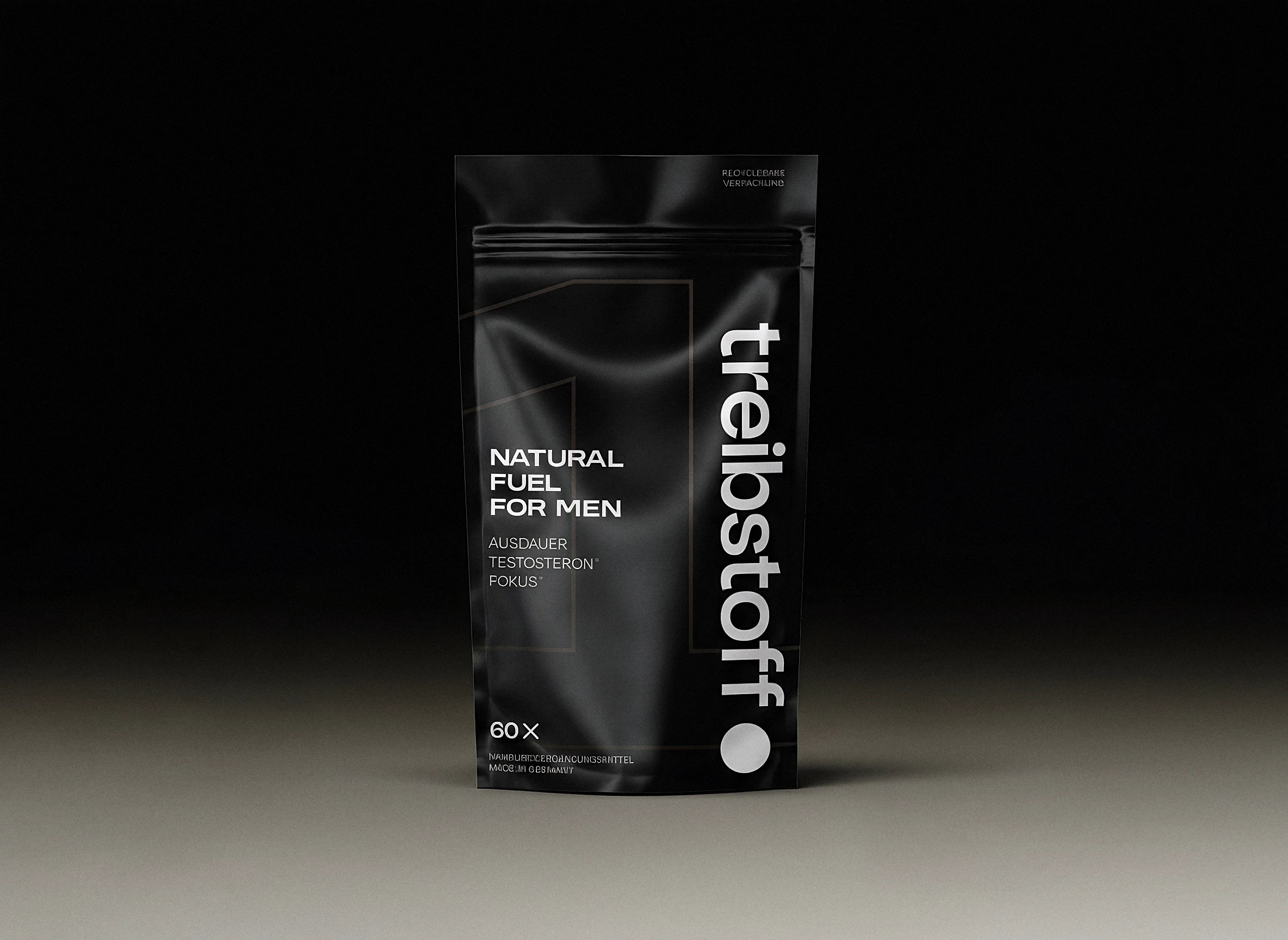 treibstoff. natural fuel for men im schwarzen Doypack – natürliches Premium-Nahrungsergänzungsmittel für Energie, Testosteron-Balance und Fokus