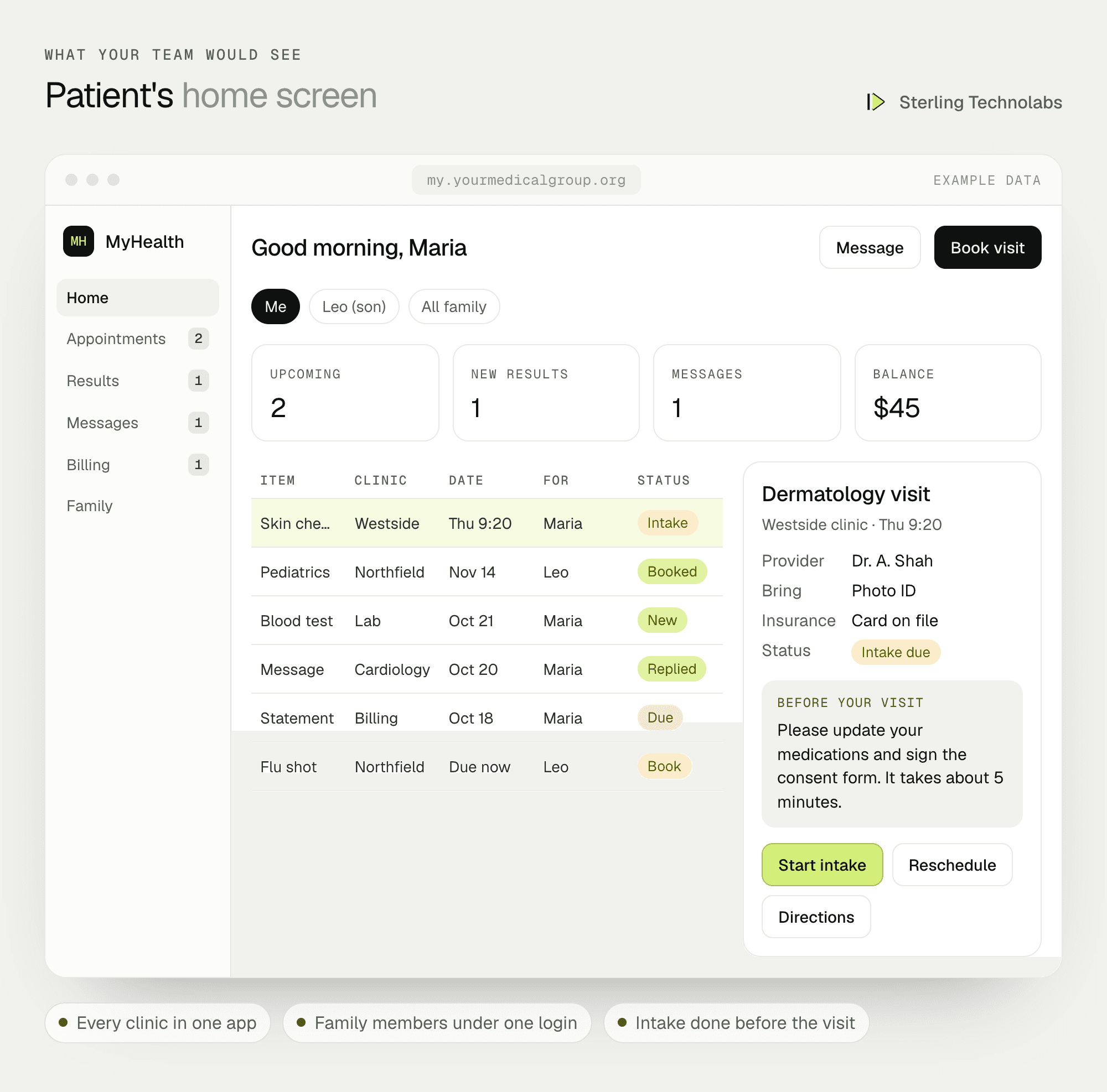 Example patient portal home screen in the mobile app showing upcoming appointments across specialties, new test results, messages and a balance due