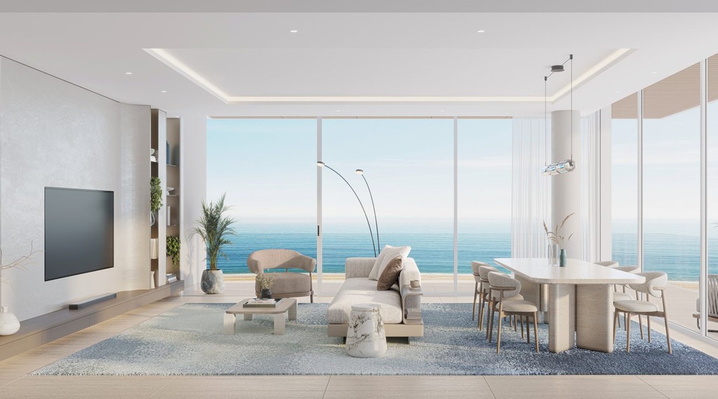 Spacious living room featuring a large window with ocean views, located in Ellington Sands, Dubai Islands