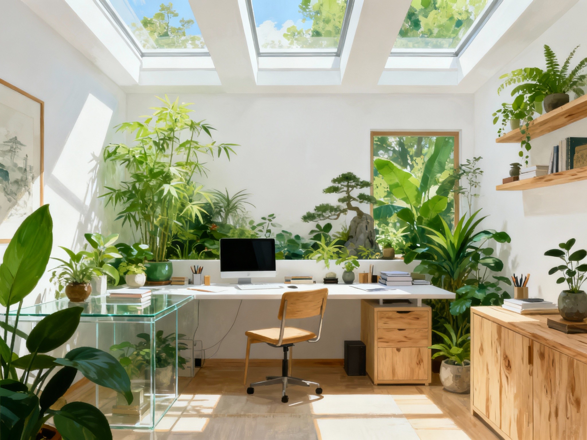 A vibrant feng shui home office arranged with clear desk space, lush green plants, and natural wood