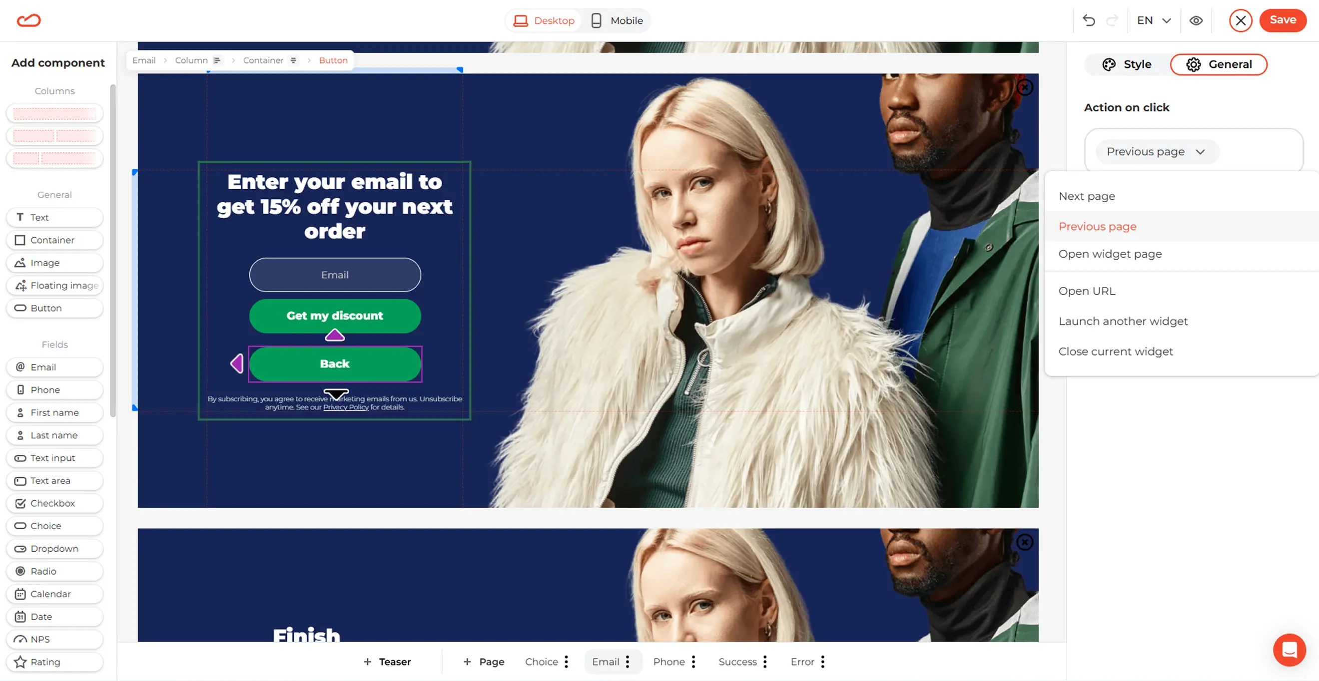 Claspo editor showing the button settings for a multi-step fashion popup