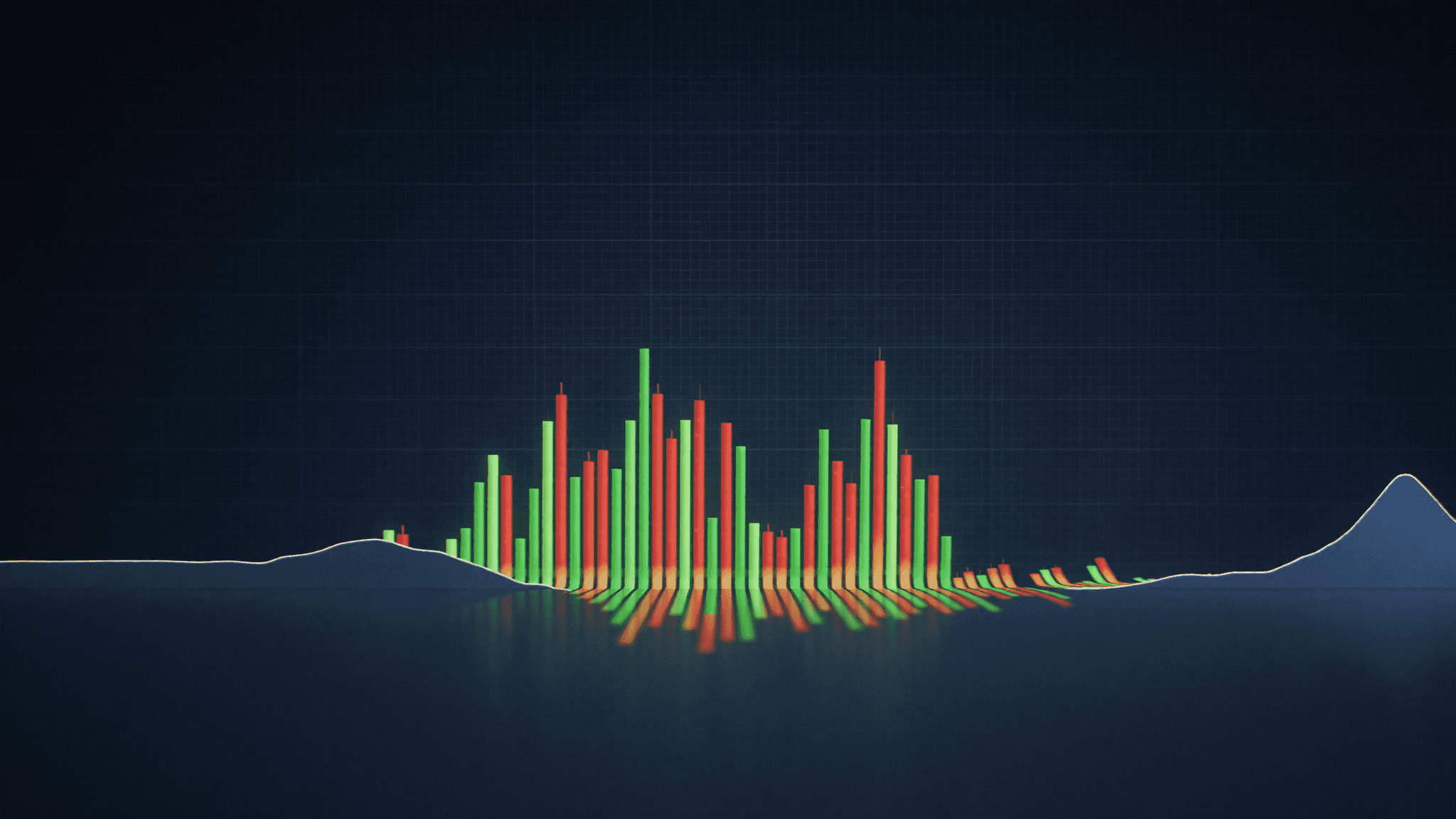 Abstract navy-blue financial chart showing candlestick reversal patterns forming at the turning point of a trend