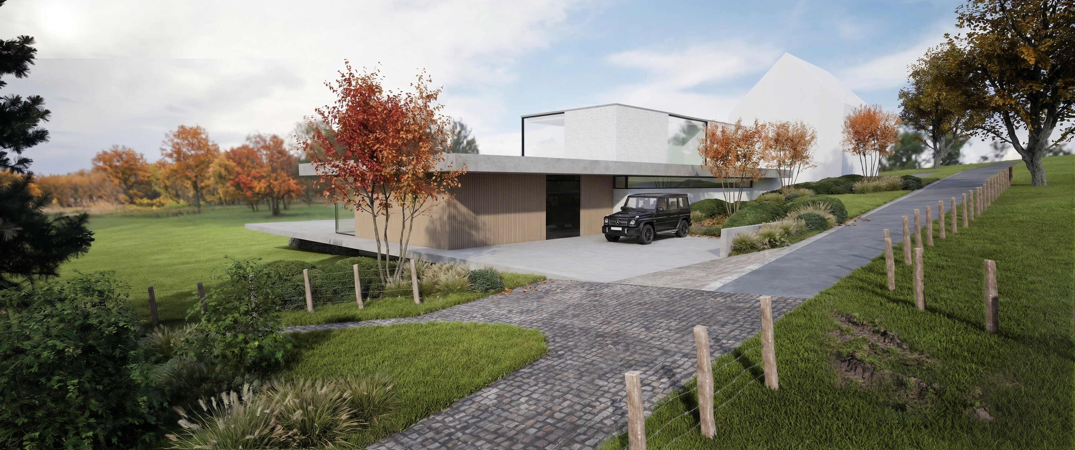 herfstbeeld van de villa met specifiek tuinontwerp