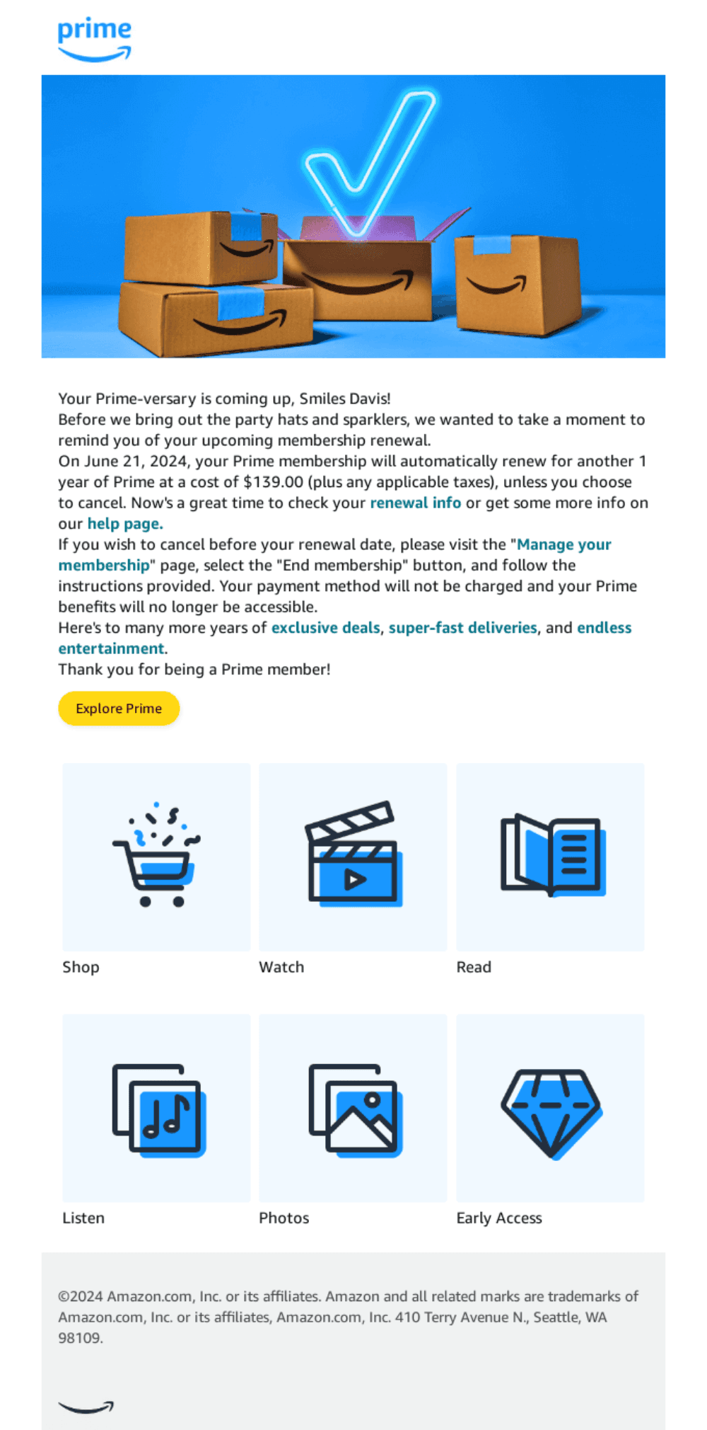 Subscription Renewal Reminder.png – An Amazon Prime renewal reminder email detailing the upcoming charge and membership benefits.