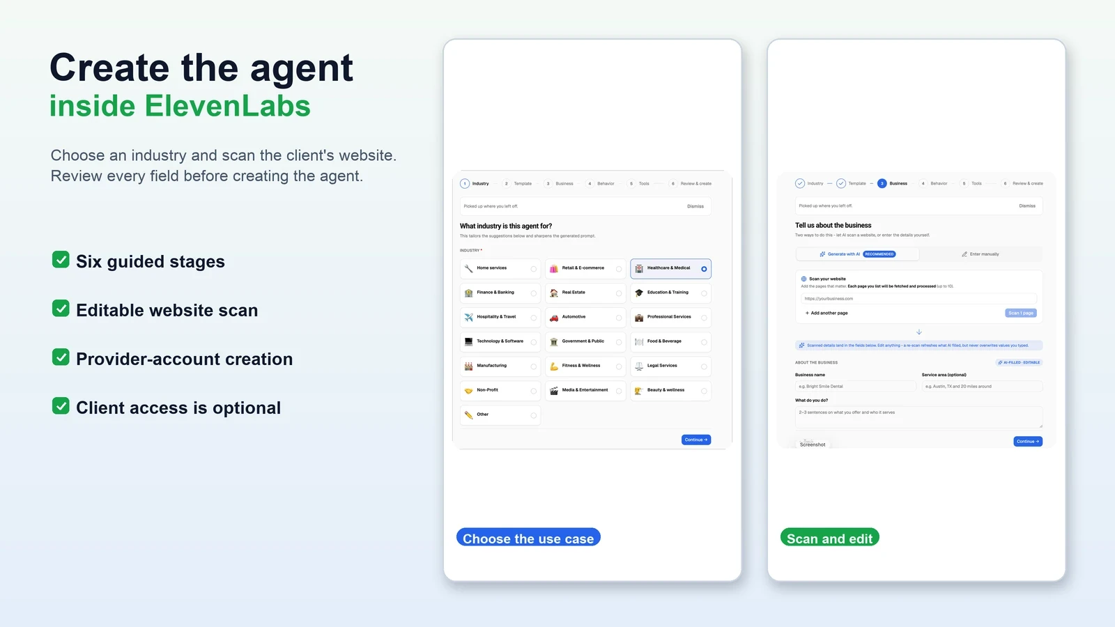 VoiceAIWrapper Agent Builder with its industry selector, six stages, and editable client website scan.