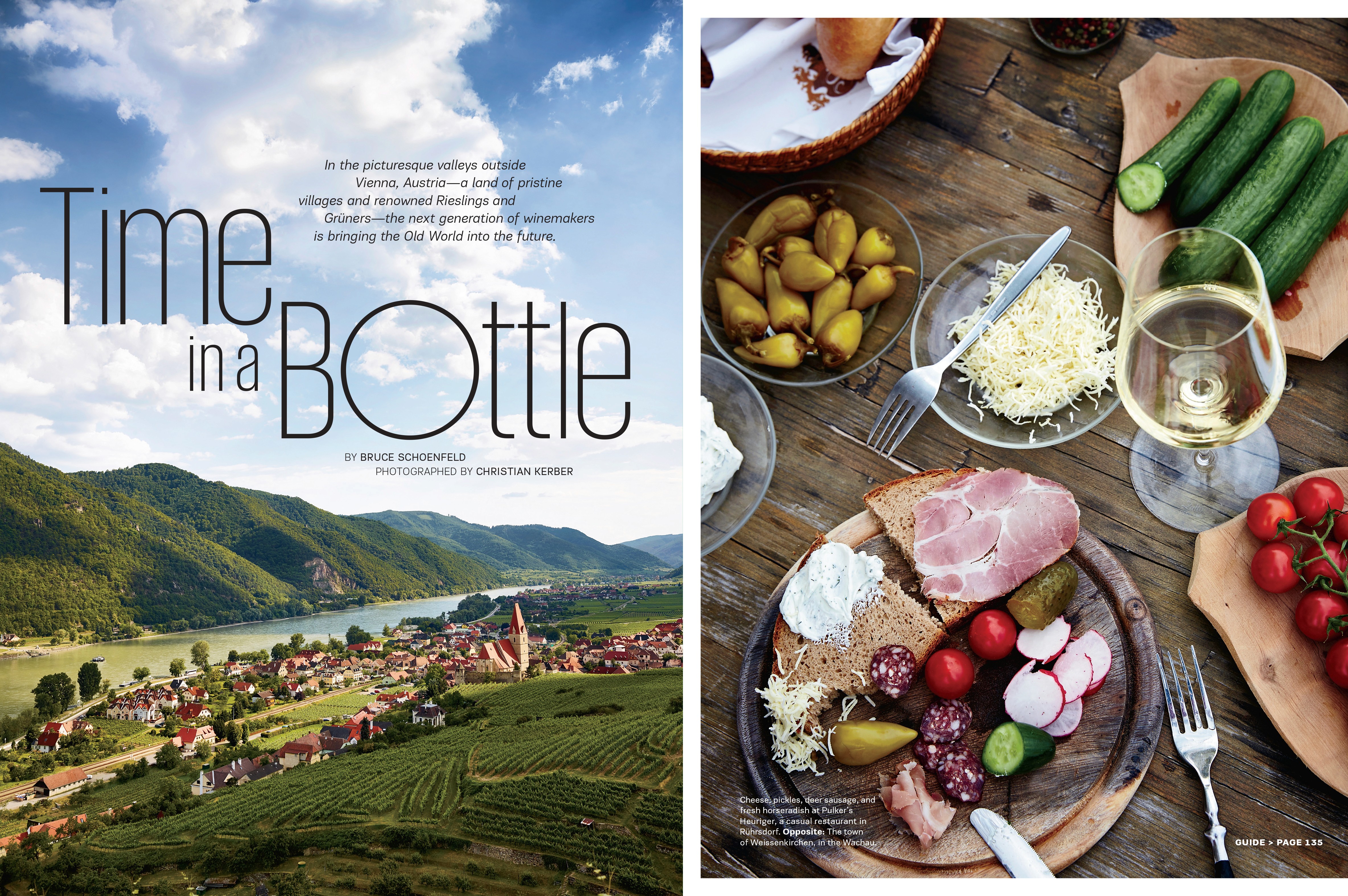 A layout with two images. On the left, a landscrape of an Austria village with a picturesque mountain and river backdrop shot on a sunny day. The second image is a top-down view of food on table.